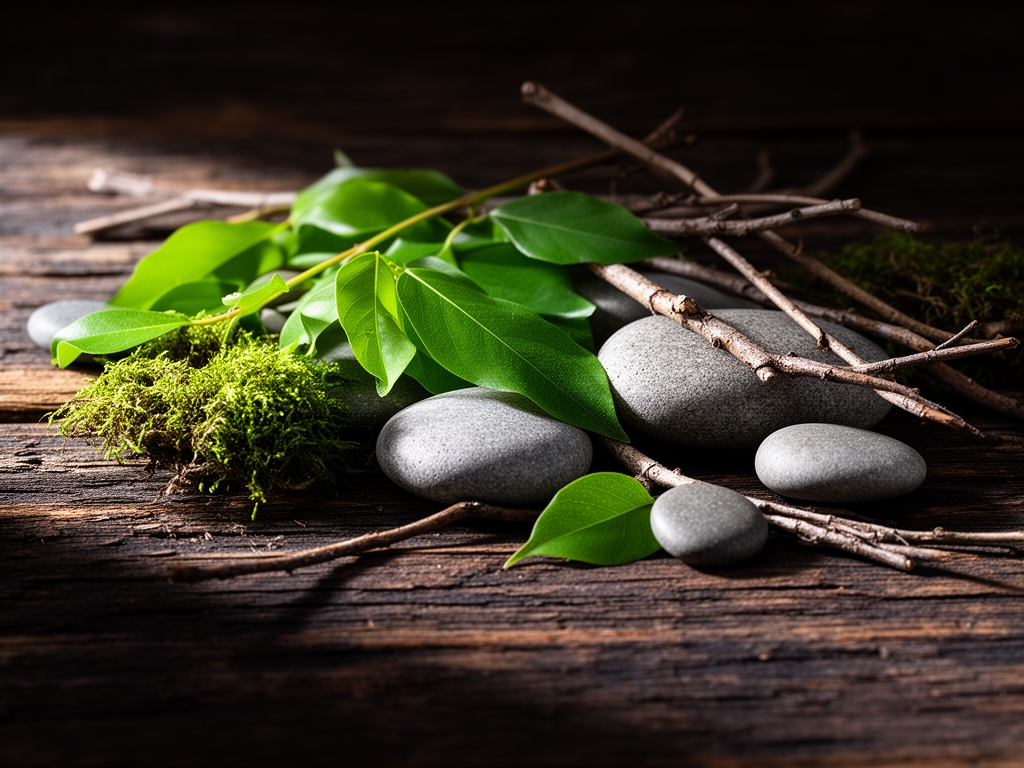 Composizione di elementi naturali equilibrati su superficie di legno scuro invecchiato: foglie verdi, sassi lisci, rami sottili e muschio, illuminazione morbida laterale che crea ombre drammatiche