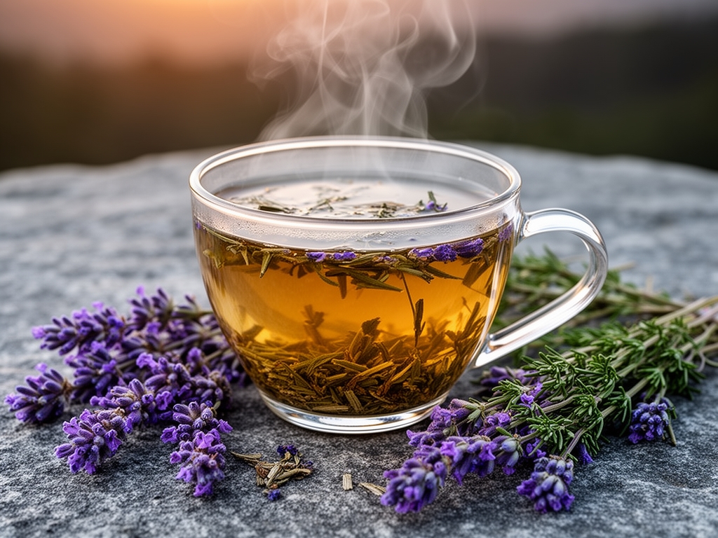 Tisana di erbe calda in tazza trasparente su superficie di pietra grigia con fiori secchi di lavanda viola e rametti di timo intorno, vapore visibile e luce soffusa serale