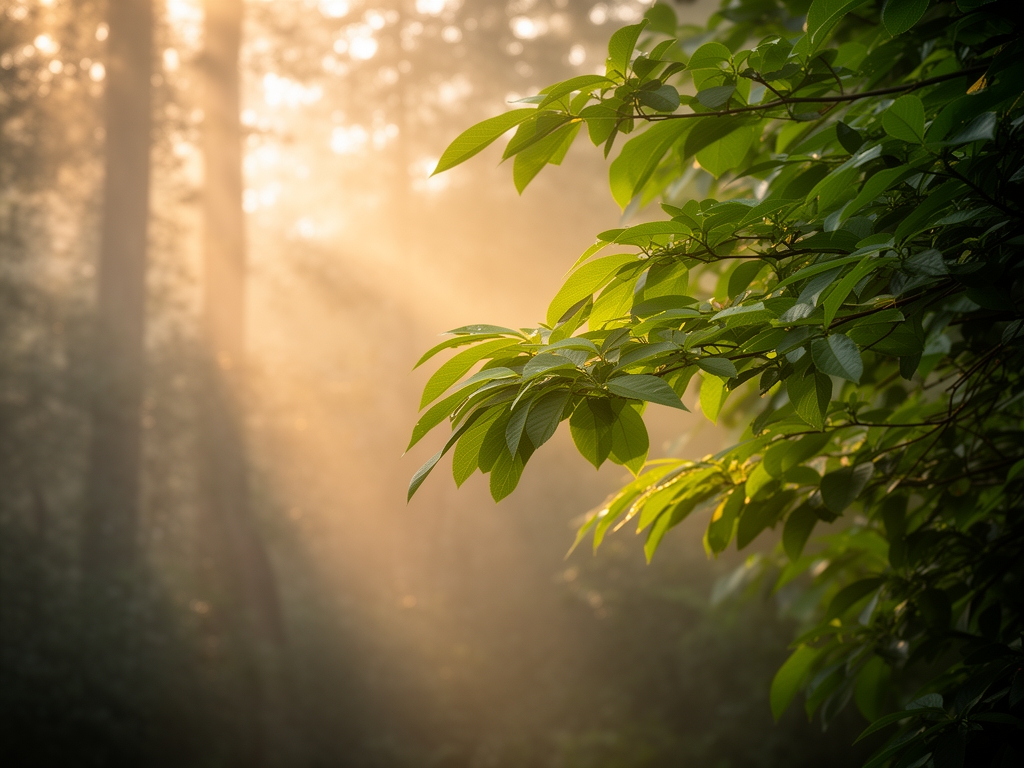 Luce mattutina dorata che filtra tra foglie verdi lussureggianti su uno sfondo naturale boscoso, atmosfera calma e meditativa con nebbia leggera