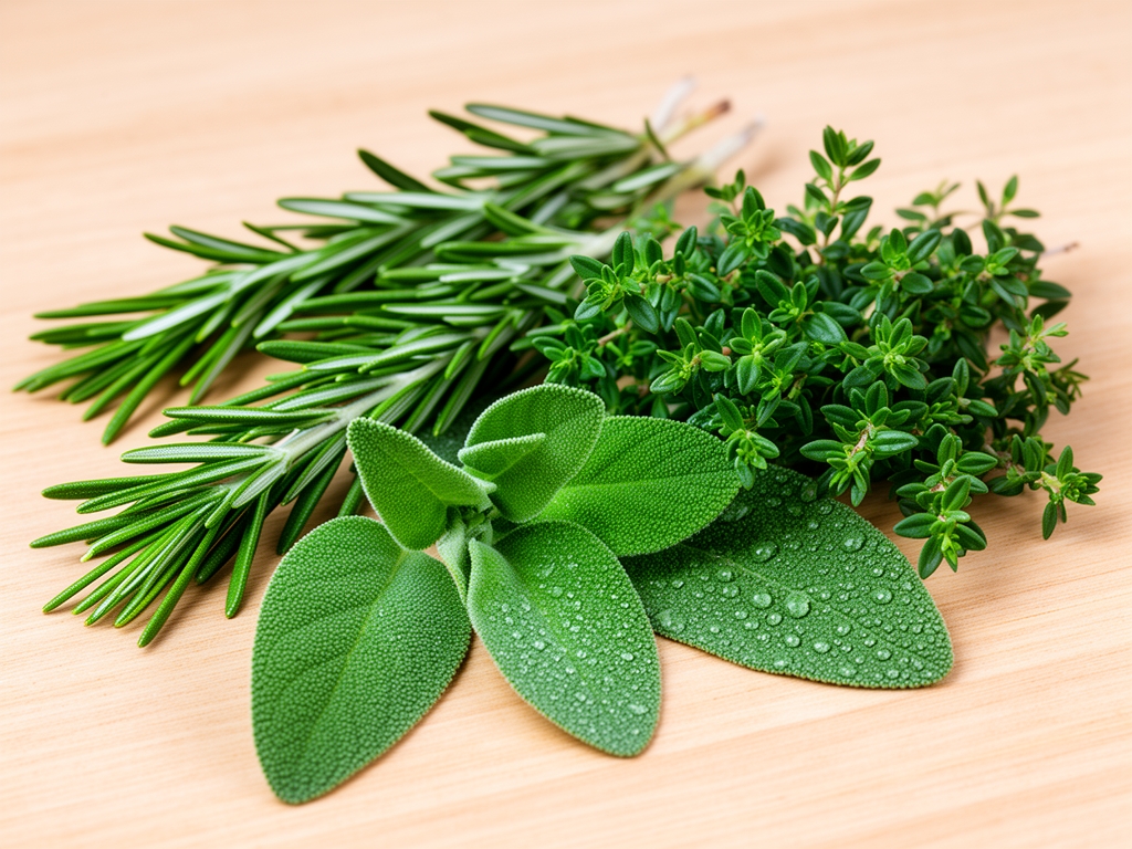 Erbe aromatiche fresche di colore verde intenso su superficie di legno chiaro: rametti di rosmarino, foglie di salvia e timo con gocce d'acqua, in primo piano con sfondo sfocato
