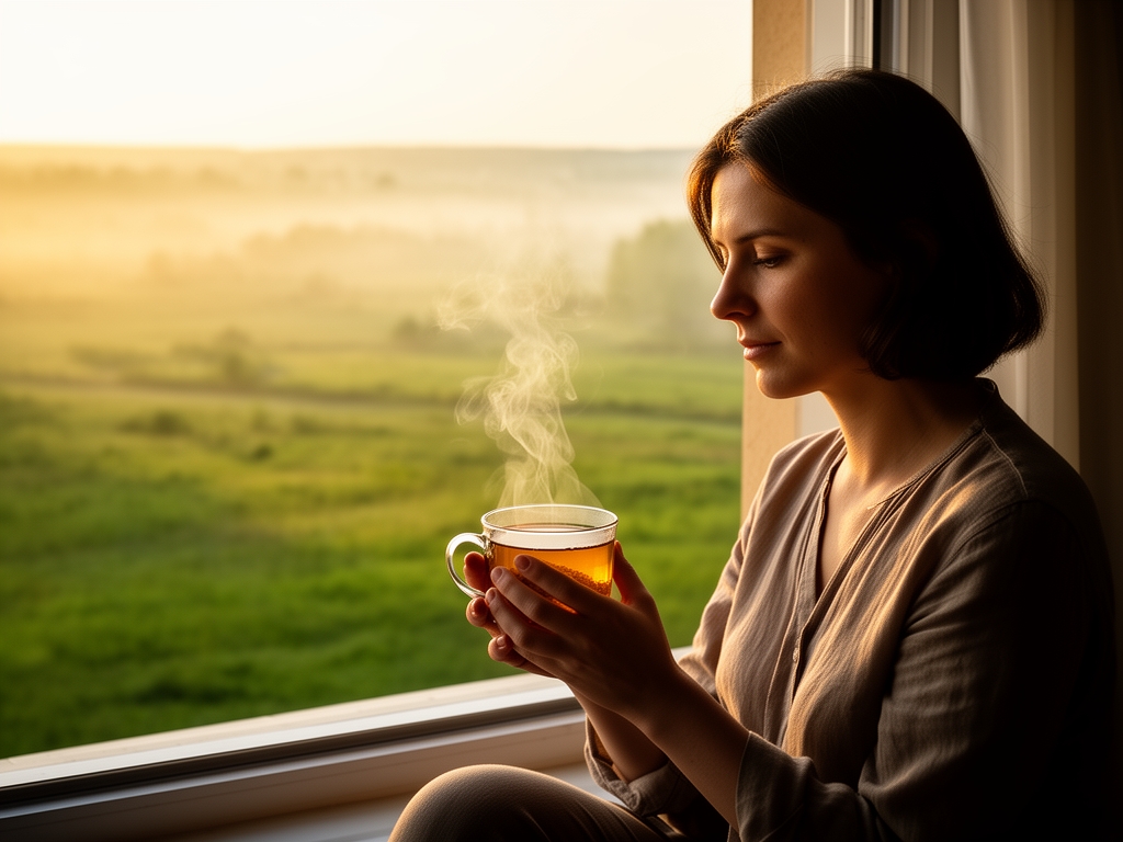 Persona seduta in silenzio accanto a una finestra aperta su un paesaggio verde al mattino presto, tazza di tè fumante tra le mani, luce dorata e atmosfera di calma riflessione