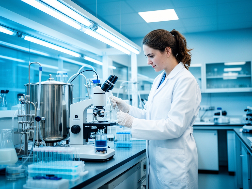 Scienziata in camice bianco che osserva campioni in laboratorio moderno con attrezzatura scientifica in acciaio inox, illuminazione fluorescente blu e bianca, ambiente sterile e preciso