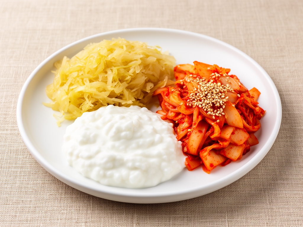 Piatto di ceramica bianca con alimenti fermentati variopinti: crauti leggermente gialli, kefir cremoso e kimchi rosso arancio con semi di sesamo, sfondo di lino naturale beige