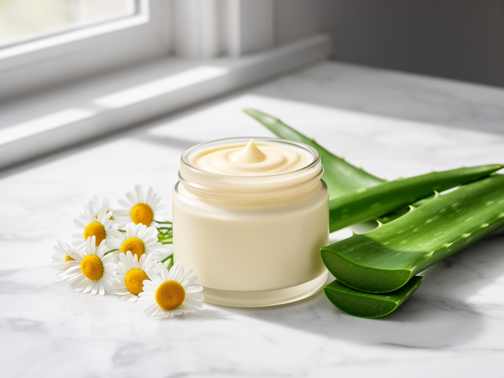 Barattoli di crema naturale color avorio su superficie di marmo bianco con fiori di camomilla freschi e foglie di aloe vera verde, disposizione artistica con ombre delicate e luce diffusa da finestra